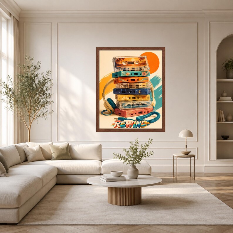 Puede incluir: Una l&aacute;mina de arte enmarcada que muestra una pila vertical de seis casetes de colores con unos auriculares envueltos alrededor. El fondo incluye un gran c&iacute;rculo naranja y pinceladas. La palabra REWIND est&aacute; impresa en la parte inferior.