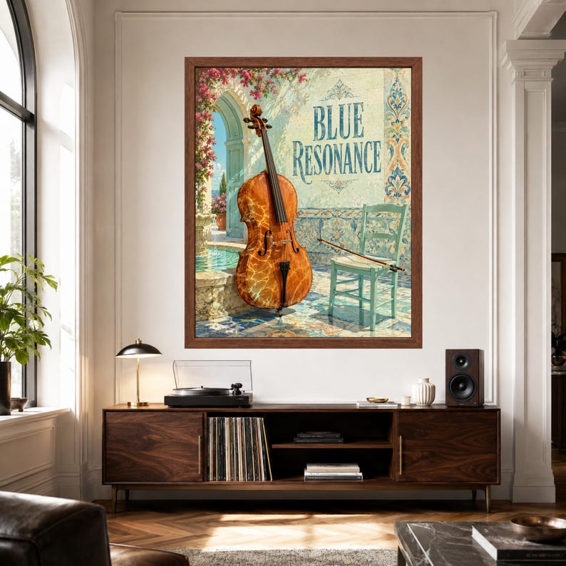 Puede incluir: Una impresi&oacute;n art&iacute;stica enmarcada titulada BLUE RESONANCE que muestra un violonchelo de madera sobre un patio de baldosas junto a una silla azul claro y un arco. La escena incluye un arco de piedra, una fuente y flores rosas.