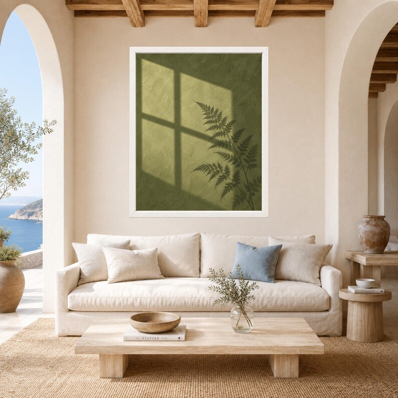 Sage Green Fern Shadow Print, Minimalist Nature Wall Art (Digital Download) image 3