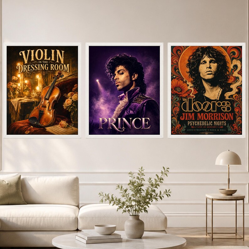 May include: Three framed wall art prints. The left print shows a violin with the text Violin in the Dressing Room. The center print features a portrait of Prince in purple tones. The right print depicts Jim Morrison with the text The Doors.