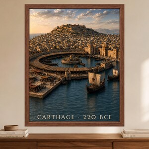 May include: A framed wall art print depicting the ancient city of Carthage in 220 BCE. The scene shows a circular harbor with stone fortifications, numerous ships with sails, and a dense hillside city at sunset. The text CARTHAGE &middot; 220 BCE is printed at the bottom.