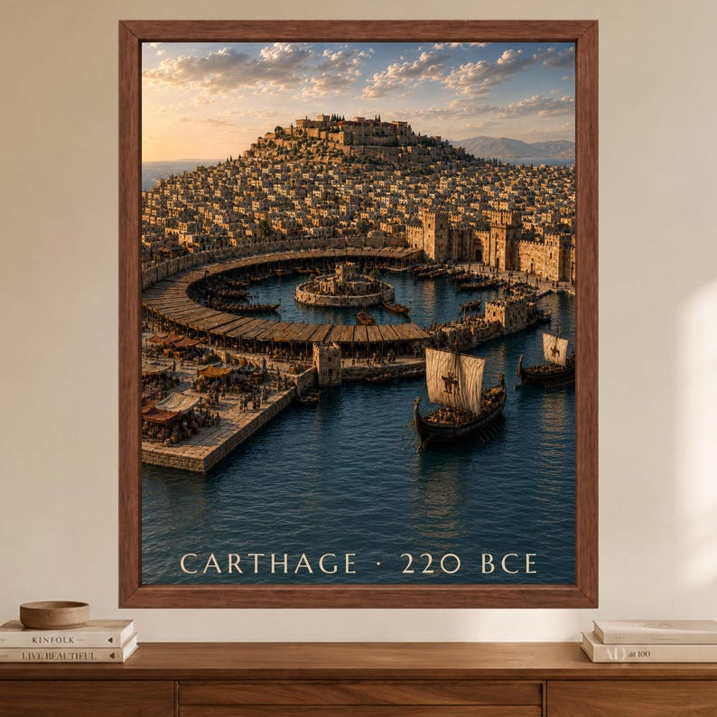 May include: A framed wall art print depicting the ancient city of Carthage in 220 BCE. The scene shows a circular harbor with stone fortifications, numerous ships with sails, and a dense hillside city at sunset. The text CARTHAGE &middot; 220 BCE is printed at the bottom.