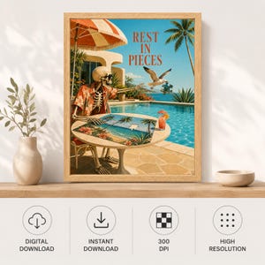 May include: A framed wall art print titled REST IN PIECES featuring a skeleton in a floral shirt sitting at a round table by a swimming pool. A seagull holds a puzzle piece above the table, with a palm tree and beach umbrella in the background.