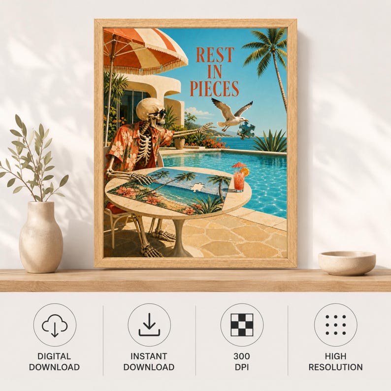 May include: A framed wall art print titled REST IN PIECES featuring a skeleton in a floral shirt sitting at a round table by a swimming pool. A seagull holds a puzzle piece above the table, with a palm tree and beach umbrella in the background.