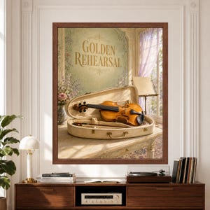 Framed Golden Rehearsal violin wall art featuring a polished wooden violin inside an open ivory case in a bright classical music room with flowers, sheet music, lavender curtains and soft garden light.