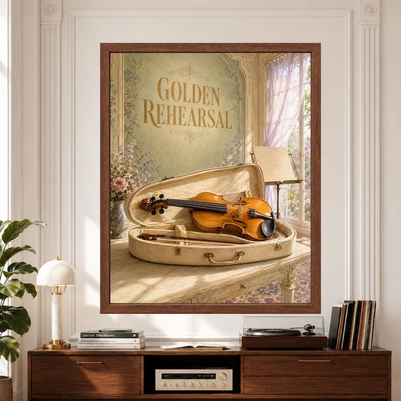 Framed Golden Rehearsal violin wall art featuring a polished wooden violin inside an open ivory case in a bright classical music room with flowers, sheet music, lavender curtains and soft garden light.