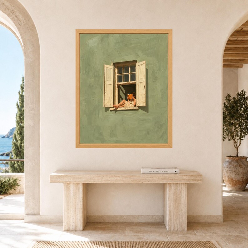 Woman Reading in Window Print, Sage Green Wall Art, Book Lover Decor (Digital Download) image 8