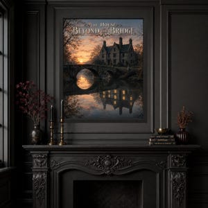 Peut inclure: Une impression d'art mural encadr&eacute;e intitul&eacute;e The House Beyond the Bridge, repr&eacute;sentant un manoir en pierre et un pont en arc au-dessus d'une rivi&egrave;re calme au coucher du soleil. Le ciel orange se refl&egrave;te dans l'eau avec des fen&ecirc;tres &eacute;clair&eacute;es.