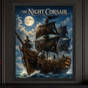 May include: A framed wall art print titled THE NIGHT CORSAIR featuring a dark wooden pirate ship with tattered black sails on a turbulent ocean under a full moon. Skeletal figures are visible on the deck and rigging of the ship.