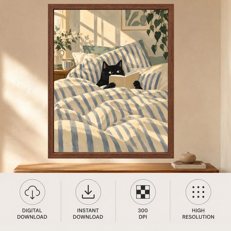 Black Cat Reading in Bed Print, Cozy Bedroom Wall Art (Digital Download) image 10