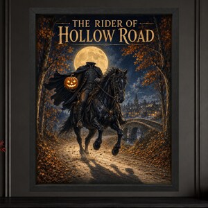 May include: A framed wall art print titled The Rider of Hollow Road, depicting a headless figure in a black cloak riding a black horse, holding a glowing jack-o'-lantern under a full moon, with autumn trees and a stone bridge in the background.