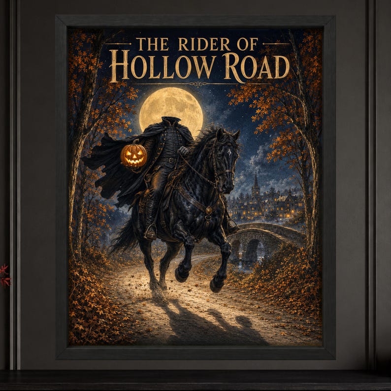 May include: A framed wall art print titled The Rider of Hollow Road, depicting a headless figure in a black cloak riding a black horse, holding a glowing jack-o'-lantern under a full moon, with autumn trees and a stone bridge in the background.