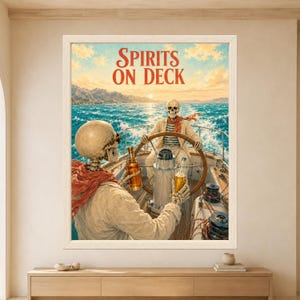 Framed Spirits on Deck skeleton wall art featuring two skeleton sailors aboard a vintage sailboat, one steering the wooden helm while the other holds a bottle over bright turquoise sea.