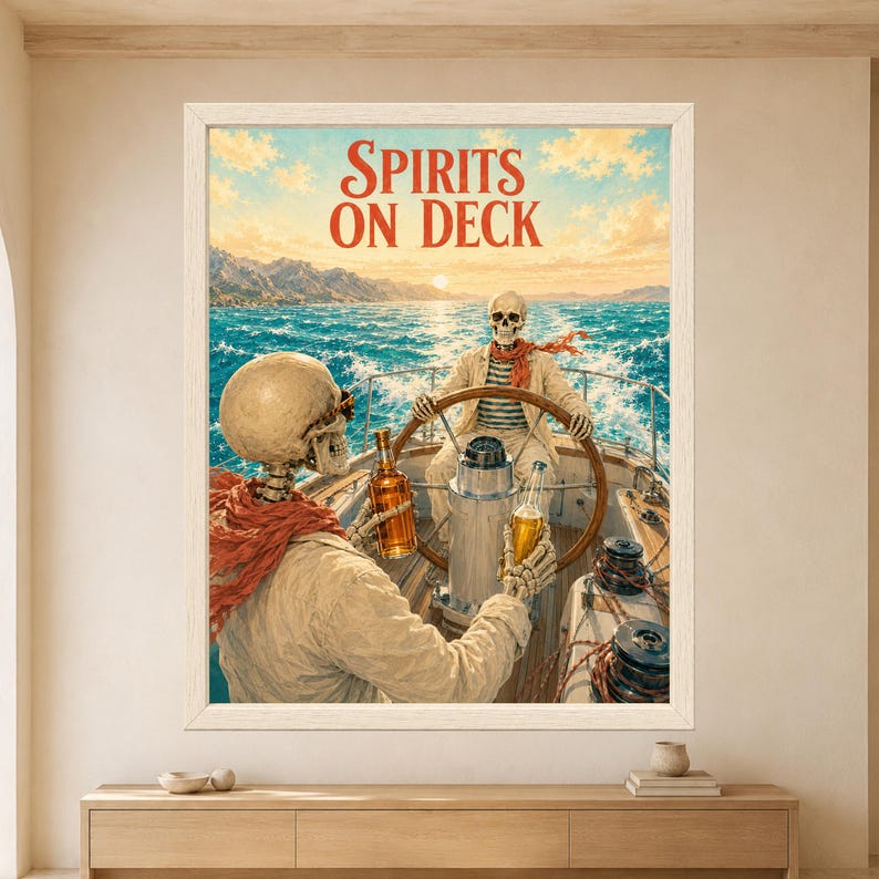 Framed Spirits on Deck skeleton wall art featuring two skeleton sailors aboard a vintage sailboat, one steering the wooden helm while the other holds a bottle over bright turquoise sea.