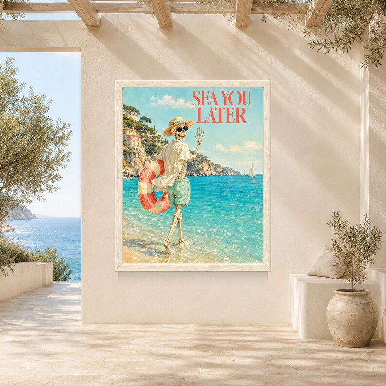 May include: A framed wall art print featuring a skeleton wearing a straw hat, sunglasses, and green shorts, holding a red and white striped life preserver while walking into the ocean. The text SEA YOU LATER is printed in red at the top of the image.