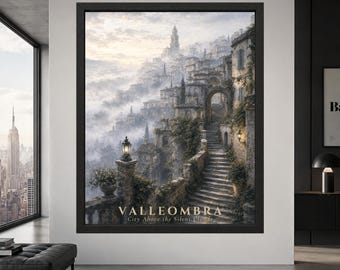 Fantasy Mountain City Wall Art, Misty Village Poster, Foggy Cityscape Print, Valleombra, Digital Download
