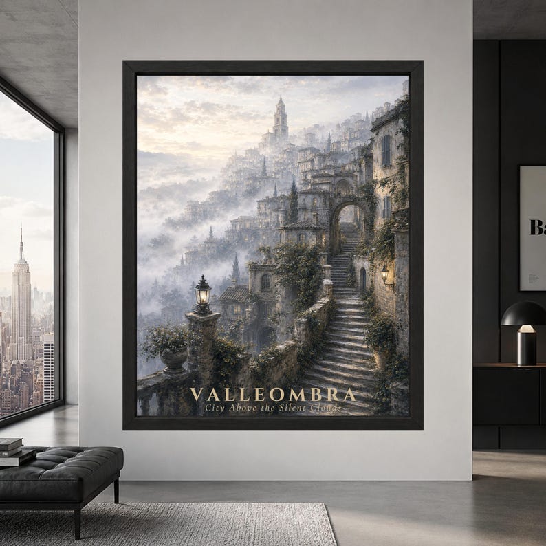 Framed Valleombra fantasy city wall art showing a mist-covered mountain village with old stone stairways, arched passages, ivy-covered buildings, lanterns and a hilltop tower above the clouds.