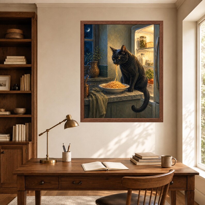 May include: A framed wall art print depicting a black cat sitting on a kitchen counter next to an open refrigerator, eating a bowl of spaghetti. The scene includes a window with a crescent moon, a ceramic pitcher, and a draped cloth on the counter.