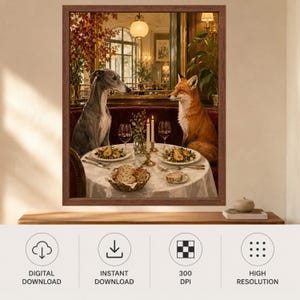 May include: A framed wall art print depicting a grey whippet and a red fox sitting at a round dining table. The table is set with white plates of food, wine glasses, and two lit candles. The background shows a warm, dimly lit restaurant interior.