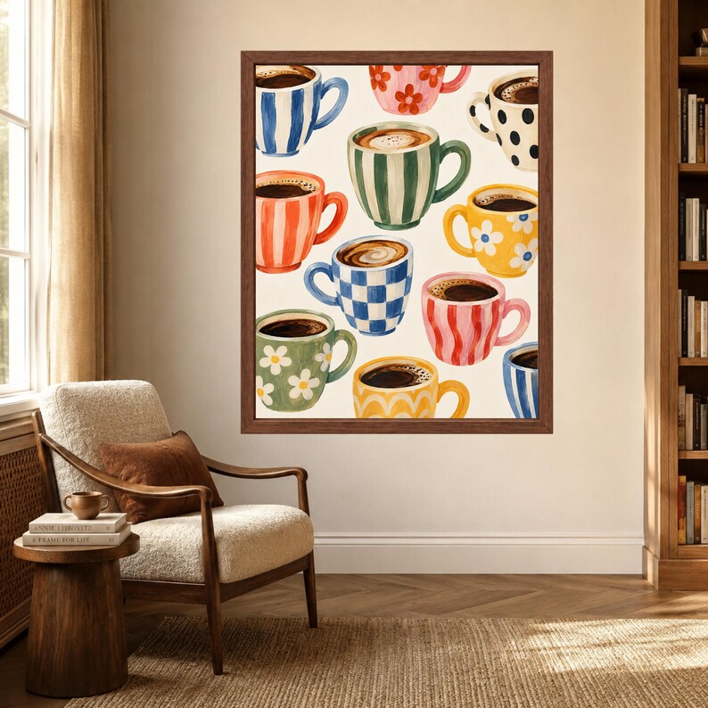 Op de afbeelding: Een ingelijste wandkunstprint met een patroon van diverse koffiemokken in verschillende kleuren en ontwerpen, waaronder strepen, stippen en bloemmotieven, allemaal gevuld met zwarte koffie tegen een licht cr&egrave;mekleurige achtergrond.