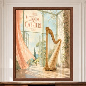 以下が含まれることがあります： 「Morning Overture」と題された額装アートプリント。石造りのテラスに置かれた金色のハープが描かれています。日当たりの良い温室、ピーチ色のカーテン、蔦、そして遠くの風景が表現されています。