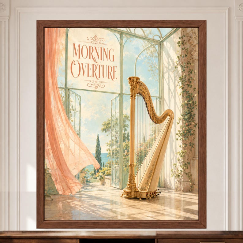 以下が含まれることがあります： 「Morning Overture」と題された額装アートプリント。石造りのテラスに置かれた金色のハープが描かれています。日当たりの良い温室、ピーチ色のカーテン、蔦、そして遠くの風景が表現されています。