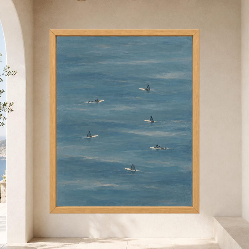 Minimalist Surfers Ocean Print, Muted Blue Coastal Wall Art (Digital Download) image 8