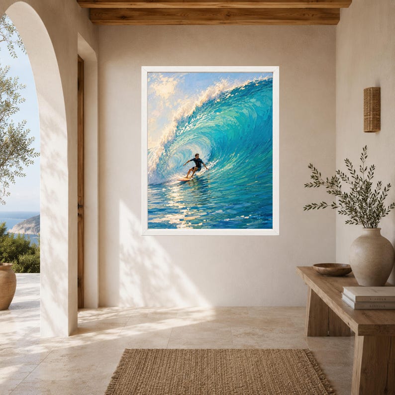 May include: A framed wall art print featuring an oil painting of a surfer riding inside a large, curling turquoise ocean wave. The scene captures the bright sunlight hitting the crest of the water, creating vibrant blue and white highlights.