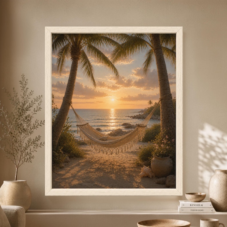 Framed tropical beach wall art showing a woven hammock hanging between two palm trees beside the ocean at golden sunset with warm sand, coastal plants and soft evening light.
