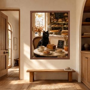 Pode incluir: Uma impress&atilde;o art&iacute;stica emoldurada retratando um gato preto sentado a uma mesa redonda de m&aacute;rmore numa padaria. A mesa cont&eacute;m uma ch&aacute;vena de caf&eacute;, um p&atilde;o e past&eacute;is. Um pequeno quadro negro lista pumpkin loaf, cinnamon bun e spiced cookies.