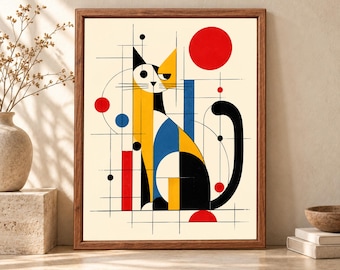 Bauhaus Geometric Cat Print, Mid-Century Modern Abstract Art (Digital Download)