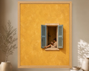 Mediterranean Window Art, Woman Reading, Yellow Wall Print (Digital Download)