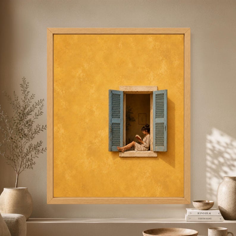Framed woman reading wall art showing a barefoot reader sitting in an open window with faded blue shutters against a large textured mustard yellow Mediterranean wall.