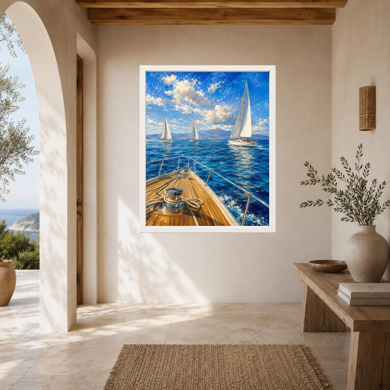 May include: A framed wall art print depicting a view from the wooden deck of a sailboat looking out over a deep blue sea. Three white sailboats are visible in the distance under a bright blue sky with scattered white clouds and distant mountains.