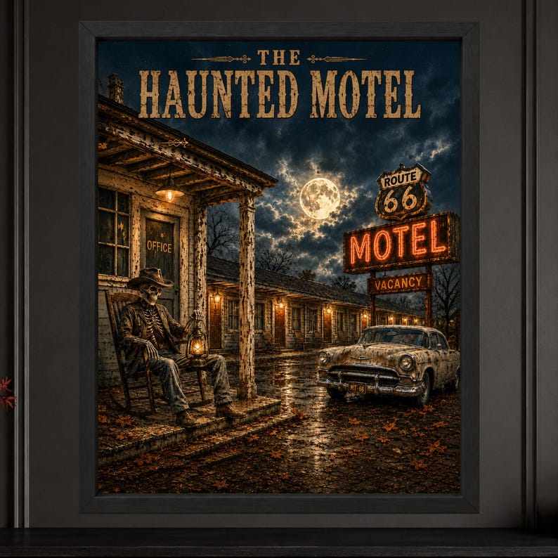 May include: A framed wall art print titled The Haunted Motel, depicting a skeleton in a cowboy hat sitting in a rocking chair holding a lantern outside a motel office, with a vintage car, a Route 66 sign, and a full moon in the night sky.