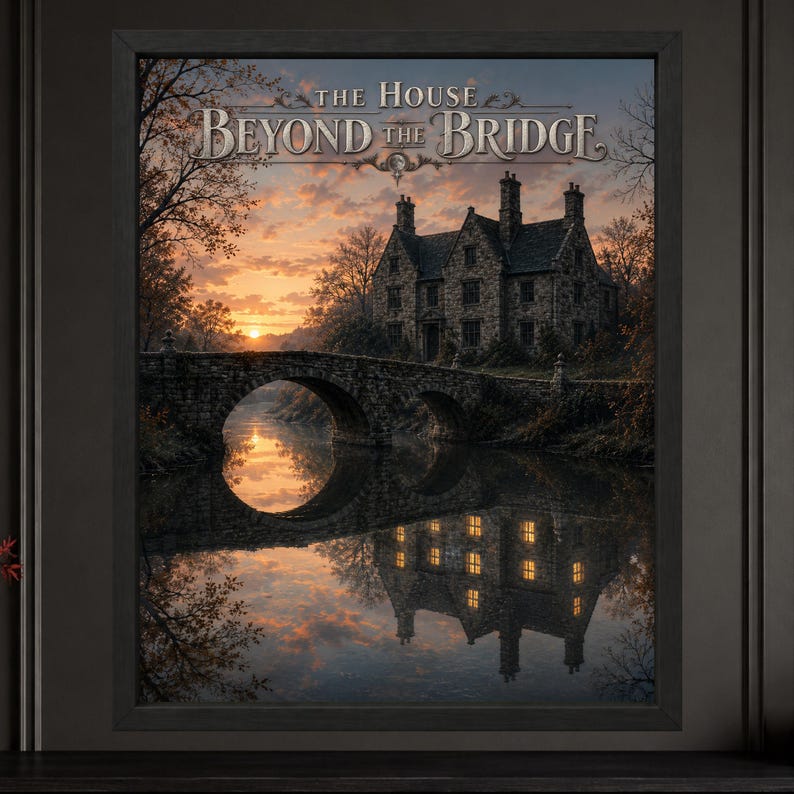 Peut inclure: Une impression murale encadr&eacute;e intitul&eacute;e The House Beyond The Bridge, repr&eacute;sentant un manoir en pierre derri&egrave;re un pont en arc en pierre au-dessus d'une rivi&egrave;re calme au coucher du soleil, avec des reflets orang&eacute;s et des fen&ecirc;tres &eacute;clair&eacute;es.