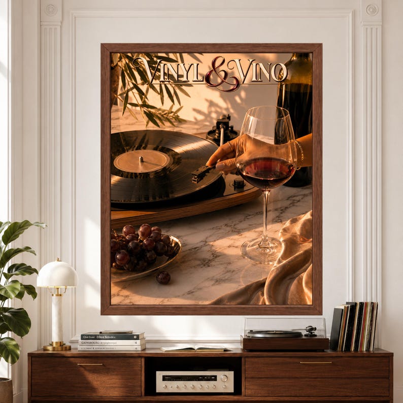 Framed Vinyl & Vino wall art featuring a black vinyl record playing on a wooden turntable beside a glass of red wine, wine bottle and grapes in warm golden sunlight above a record player console.