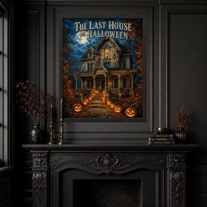 May include: A framed wall art print titled The Last House on Halloween, depicting a multi-story Victorian house at night under a full moon, surrounded by autumn trees and a stone path lined with glowing jack-o'-lanterns in orange and yellow.