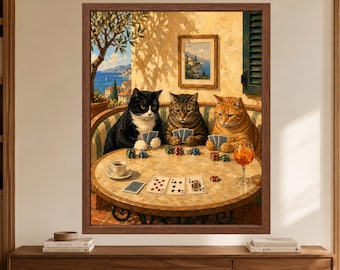 Muurdecoratie met katten die poker spelen, poster met mediterrane katten, decoratie voor de speelkamer, digitale download