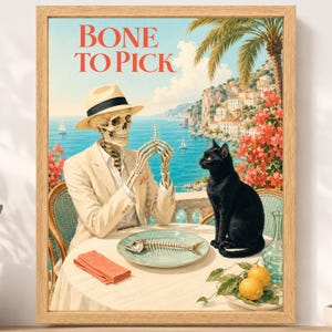 Peut inclure: Une impression d'art encadr&eacute;e intitul&eacute;e BONE TO PICK montrant un squelette en costume beige et fedora assis &agrave; une table avec un chat noir. L'image pr&eacute;sente une ar&ecirc;te de poisson sur une assiette, une serviette corail et un paysage c&ocirc;tier m&eacute;diterran&eacute;en.
