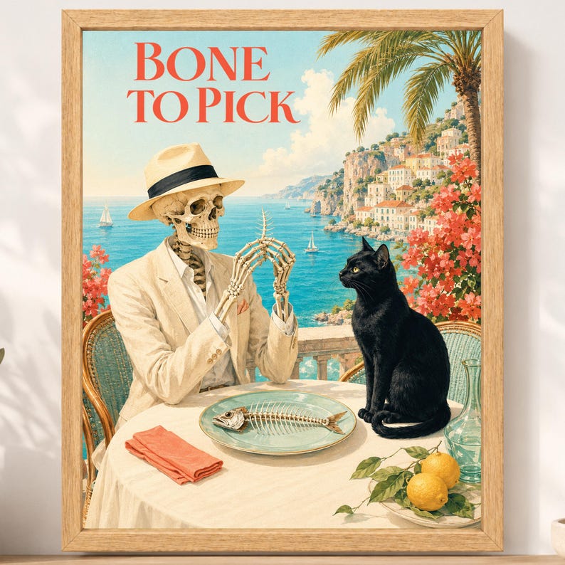 Peut inclure: Une impression d'art encadr&eacute;e intitul&eacute;e BONE TO PICK montrant un squelette en costume beige et fedora assis &agrave; une table avec un chat noir. L'image pr&eacute;sente une ar&ecirc;te de poisson sur une assiette, une serviette corail et un paysage c&ocirc;tier m&eacute;diterran&eacute;en.