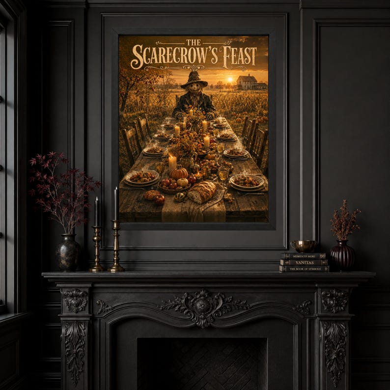 May include: A rectangular wall art print titled THE SCARECROW'S FEAST, depicting a scarecrow sitting at a long, rustic wooden table set for a dinner feast in a field at sunset, featuring candles, bread, pumpkins, and plates of food.
