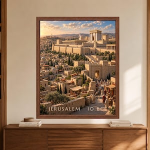 Framed Jerusalem 10 BCE wall art showing a reconstructed ancient city with the monumental Second Temple complex above crowded stone streets, market stalls, gateways, olive trees and surrounding hills in warm evening light.