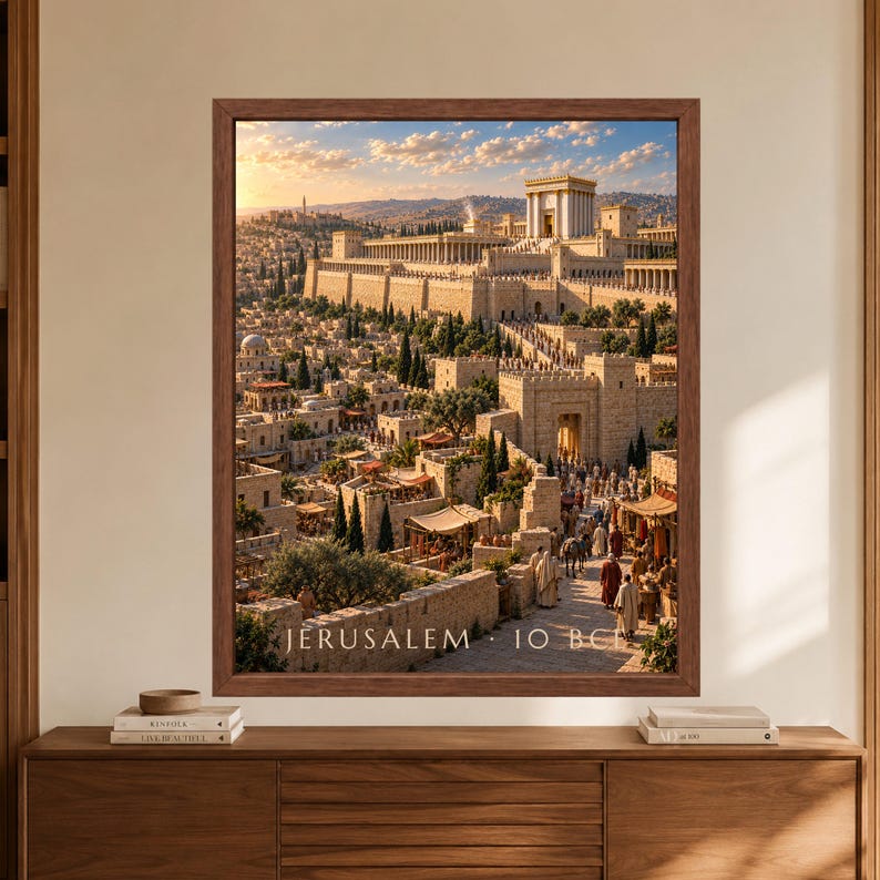 Framed Jerusalem 10 BCE wall art showing a reconstructed ancient city with the monumental Second Temple complex above crowded stone streets, market stalls, gateways, olive trees and surrounding hills in warm evening light.