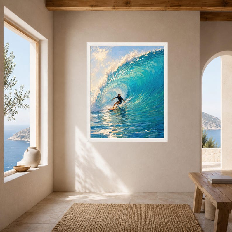 May include: A framed wall art print depicting a surfer riding inside a large, bright blue ocean wave. The artwork features vibrant turquoise and deep blue water tones with white sea foam cresting at the top, captured in a painterly style.