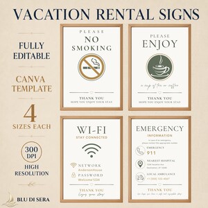 May include: Four rectangular vacation rental signs in wooden frames. The signs feature text including NO SMOKING, ENJOY, WI-FI, and EMERGENCY INFORMATION. Each sign includes icons for a cigarette, coffee cup, Wi-Fi signal, and emergency services.