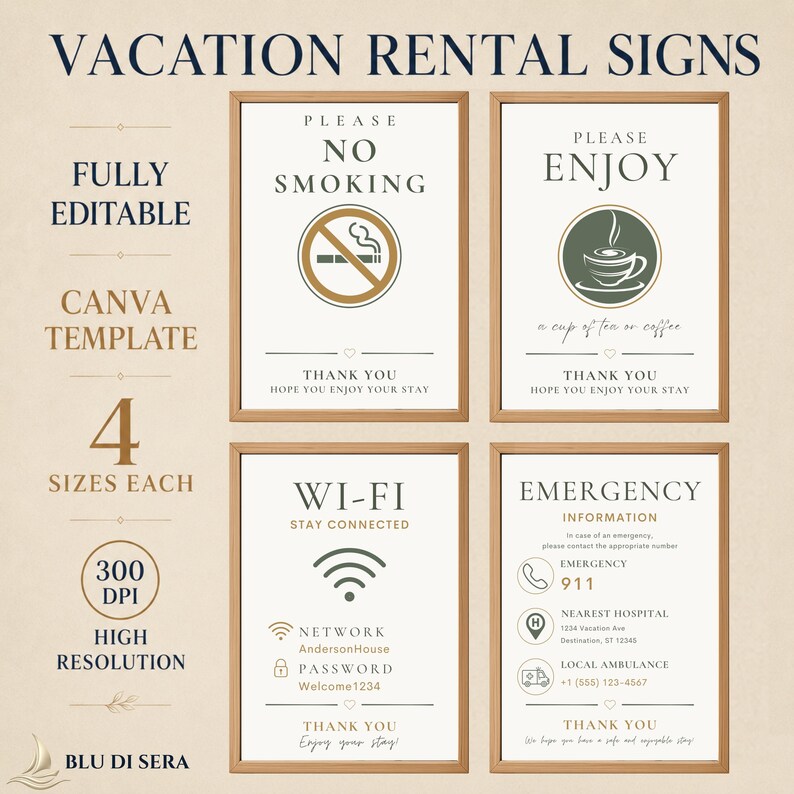 May include: Four rectangular vacation rental signs in wooden frames. The signs feature text including NO SMOKING, ENJOY, WI-FI, and EMERGENCY INFORMATION. Each sign includes icons for a cigarette, coffee cup, Wi-Fi signal, and emergency services.