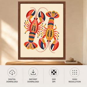 Folk Art Lobster Print, Coastal Kitchen Decor, Nautical Seafood Poster (Digital Download) image 11