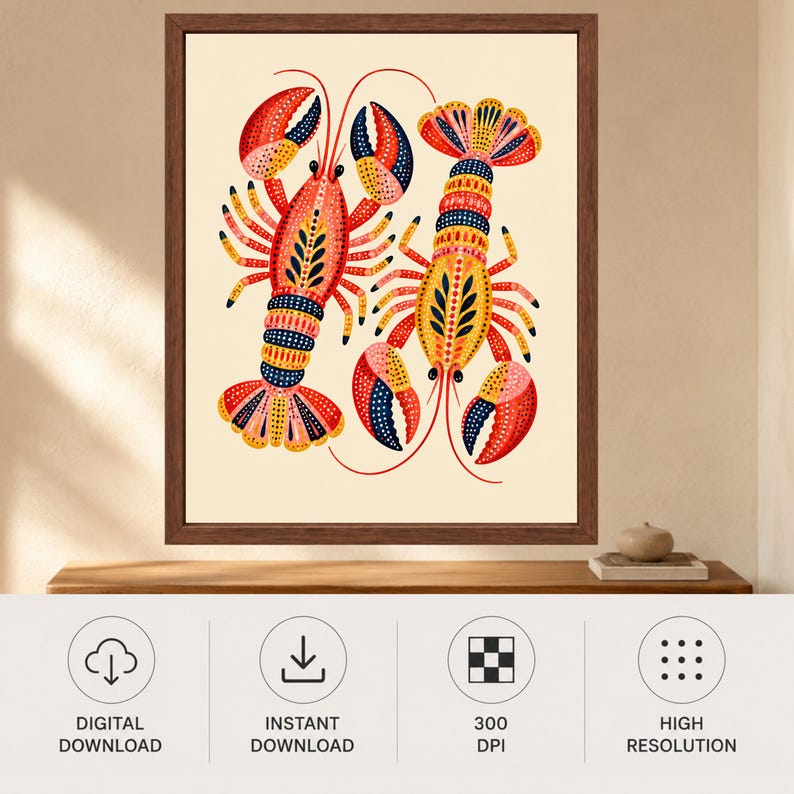 Folk Art Lobster Print, Coastal Kitchen Decor, Nautical Seafood Poster (Digital Download) image 11