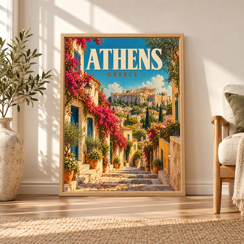 Framed Athens Greece travel poster showing the Acropolis and Parthenon above a sunlit stone street with pink bougainvillea, blue shutters, olive trees and warm Mediterranean houses.